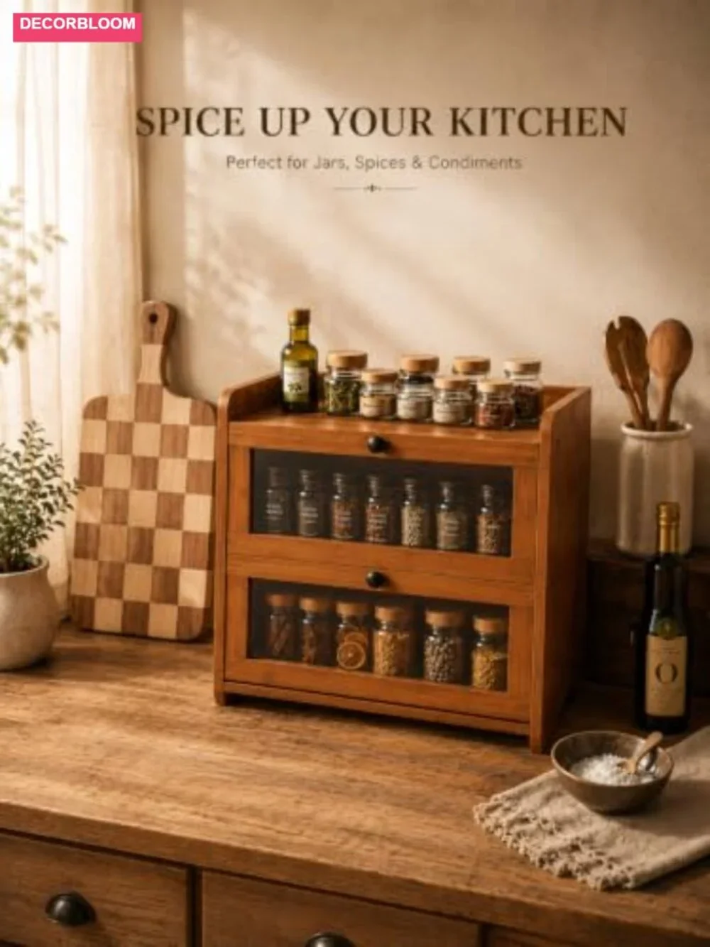 2 Tier Bamboo Bread Box with Clear Windows for Kitchen Countertop Storage